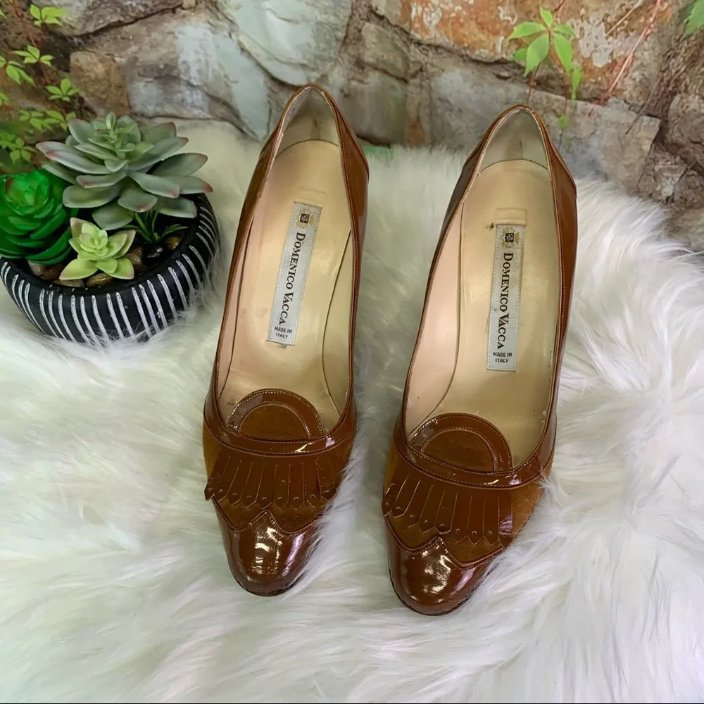DOMENICO VACCA Italian Made Suede and Leather Burnt Caramel Kiltie Pumps, 38